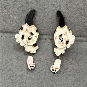 Charming Cat and Mouse Earrings - Black, White, Pink